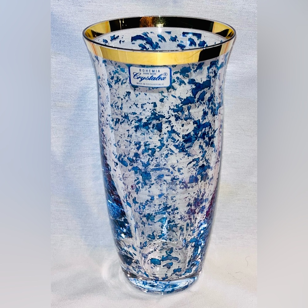 Vintage Bohemia Crystalex Vase Hand Made Czech Republic Gold Trim, Speckled Blue